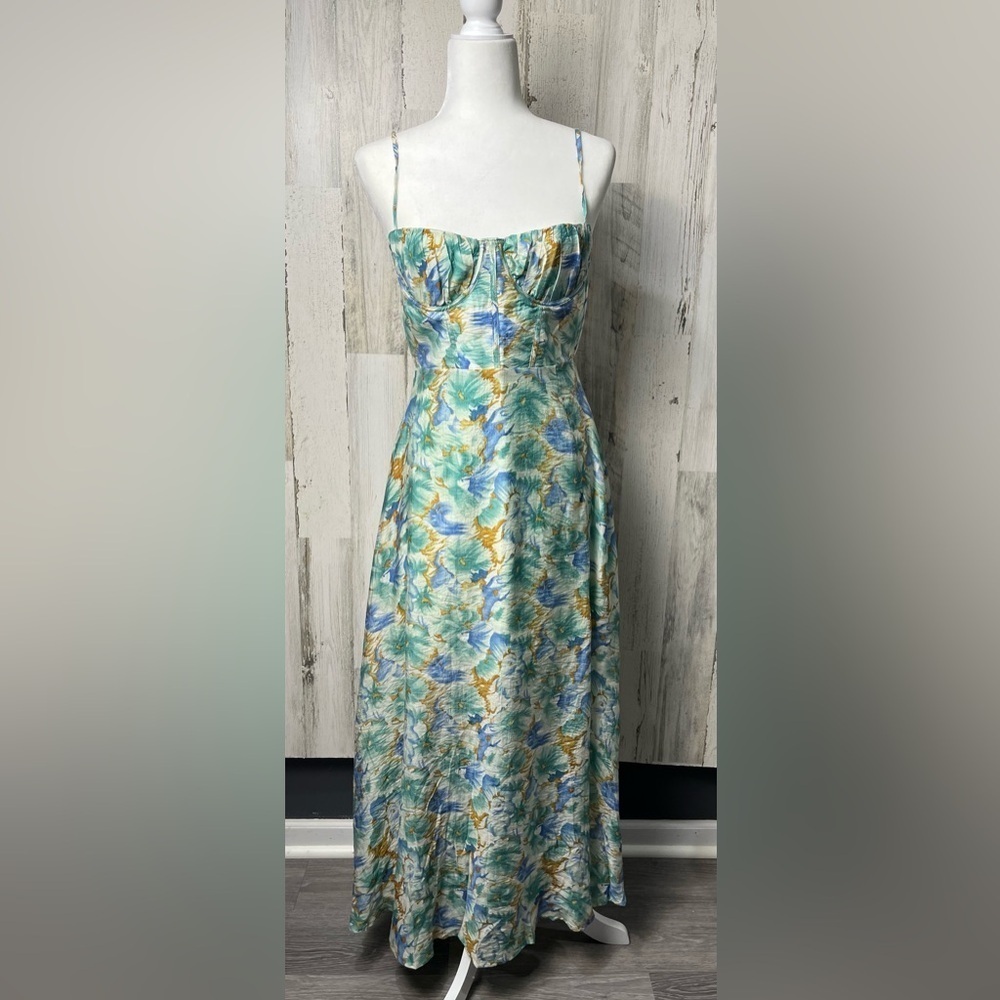 Saints & Secrets MIDI DRESS - CUP BUST SLEEVELESS SLIT IN GREEN FLORAL Sz M - Picture 6 of 11